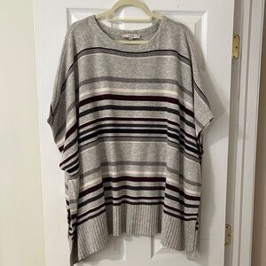 Loft Gray White Burgundy Striped Poncho Sweater L/XL